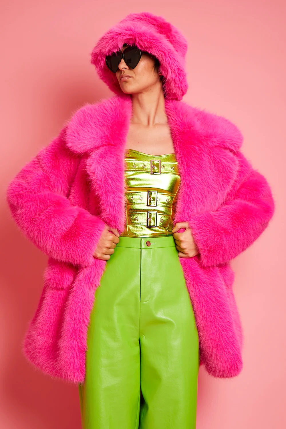 Knitted Bamboo Eco Fuchsia Midi Faux Fur Coat-1