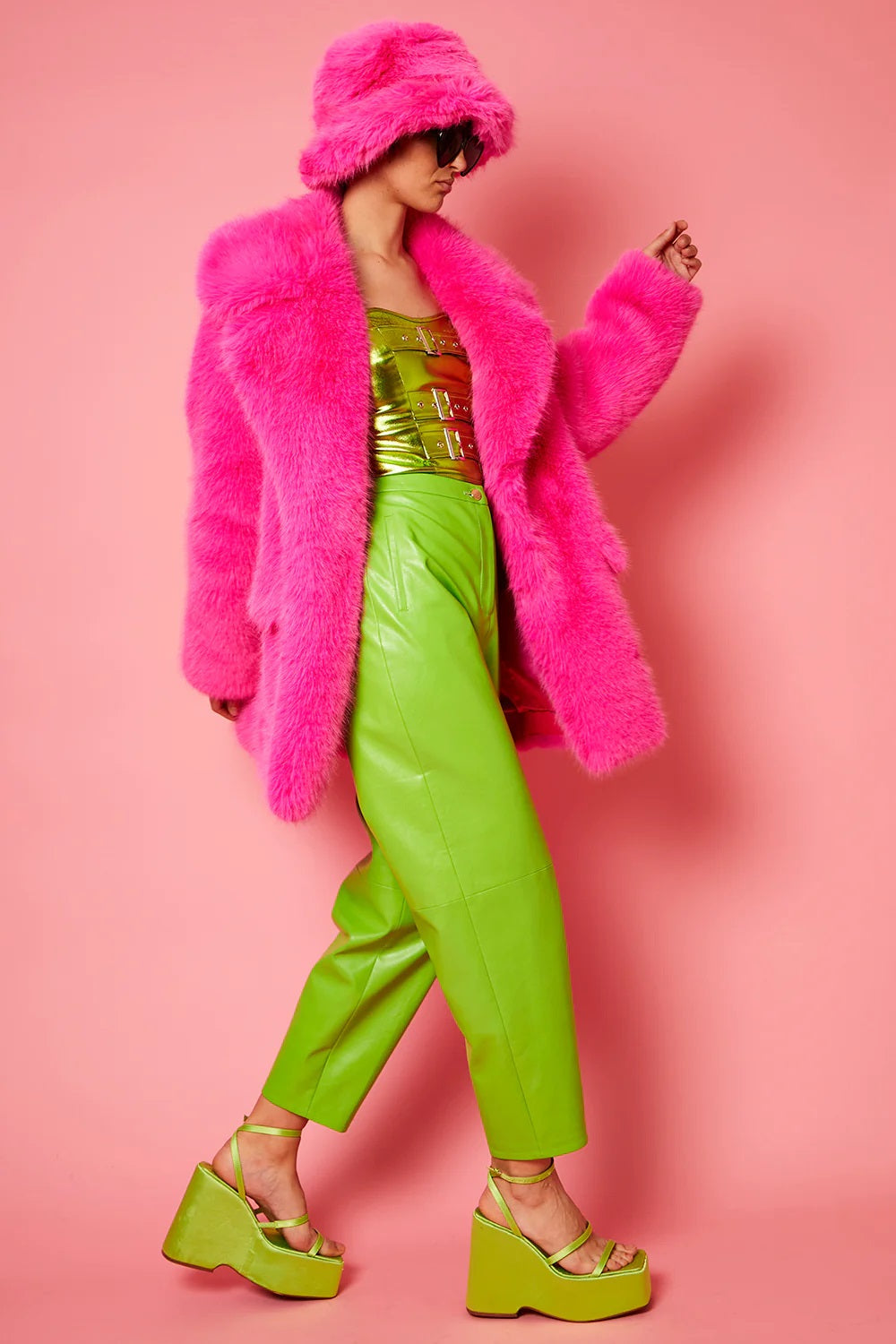 Knitted Bamboo Eco Fuchsia Midi Faux Fur Coat-2